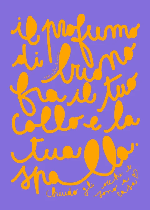 Amorino Mucho Amor «Il profumo di buono fra il tuo collo e la tua spalla», biglietto d'amore illustrato a mano