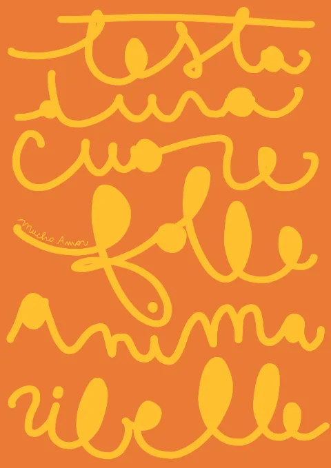 Amorino Mucho Amor «Testa dura cuore folle anima ribelle», biglietto d'amore illustrato a mano