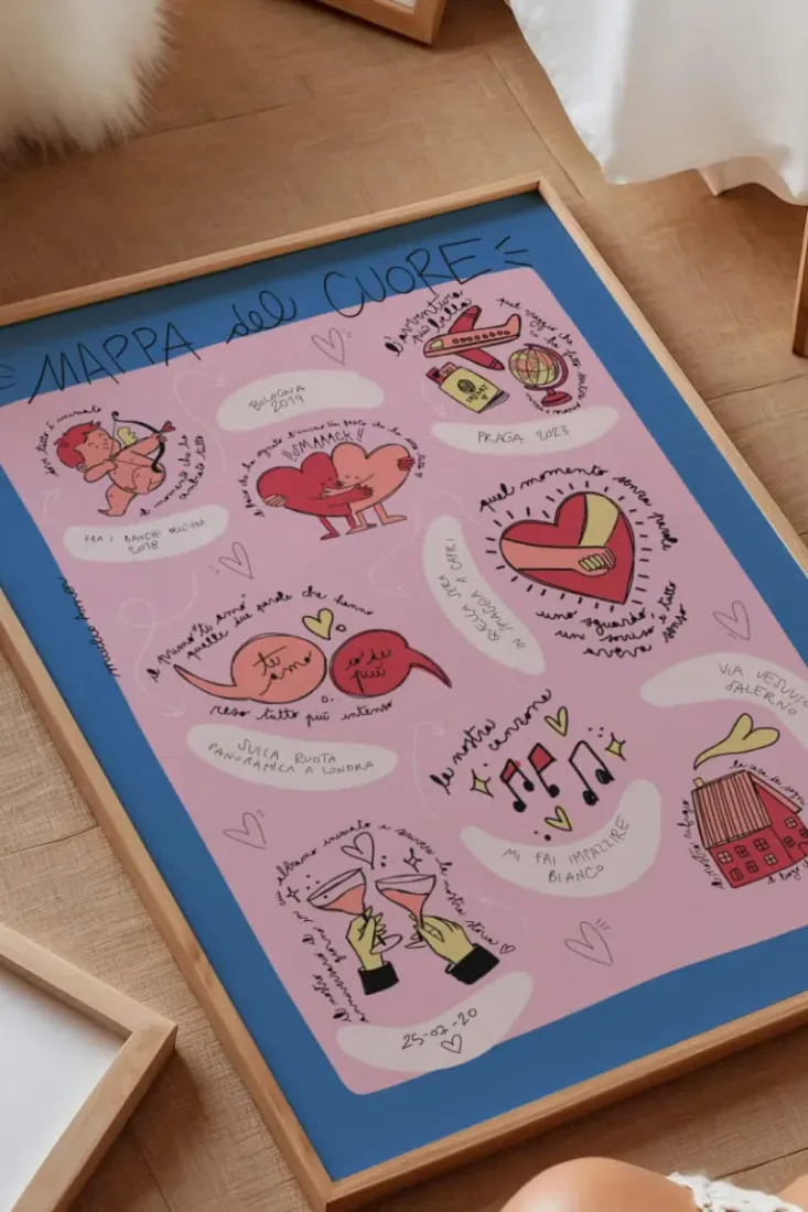 Mappa del Cuore di Mucho Amor incorniciata in legno, con le tappe della storia di coppia illustrate