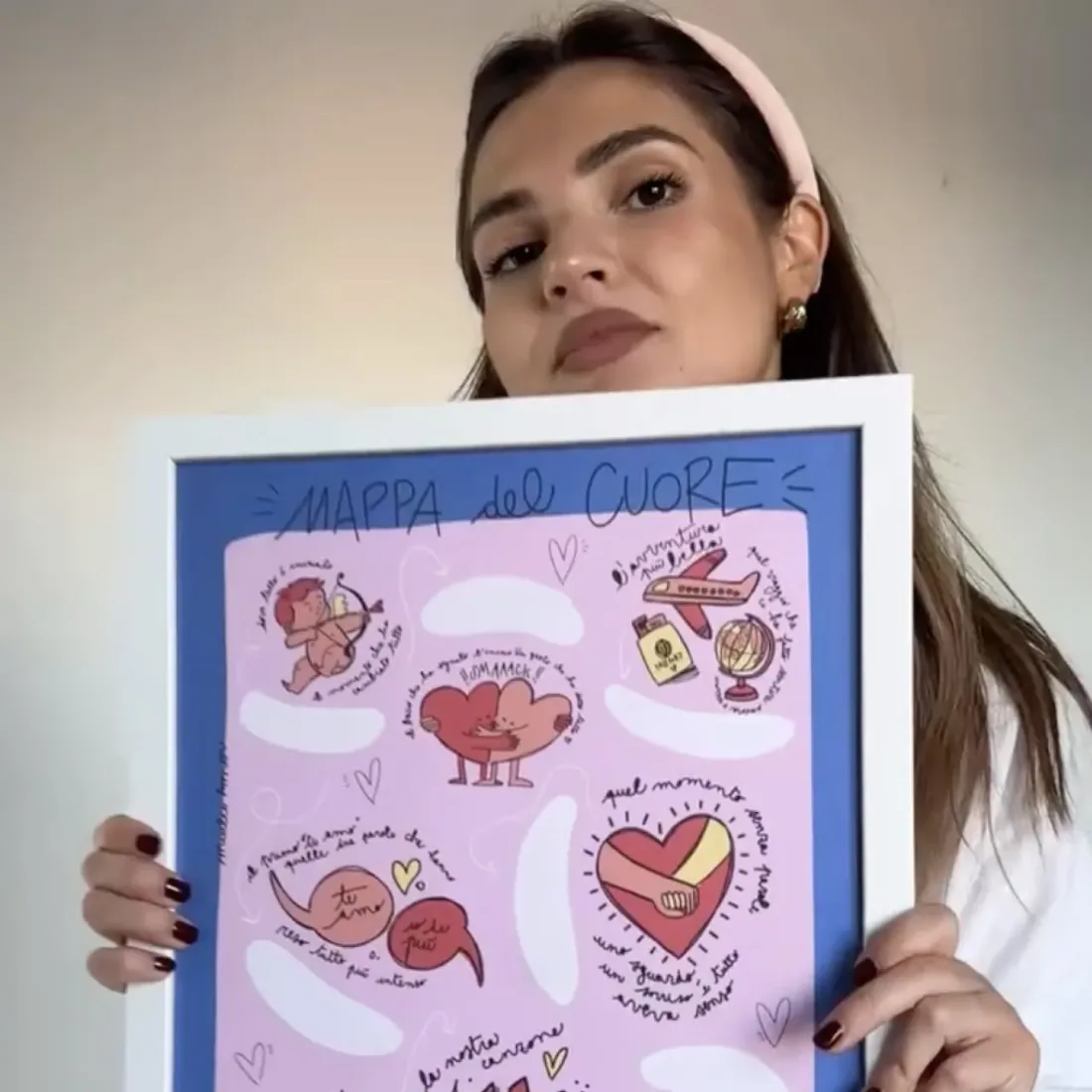 Mappa del Cuore Mucho Amor, regalo per il fidanzato: ragazza con la mappa incorniciata in blu